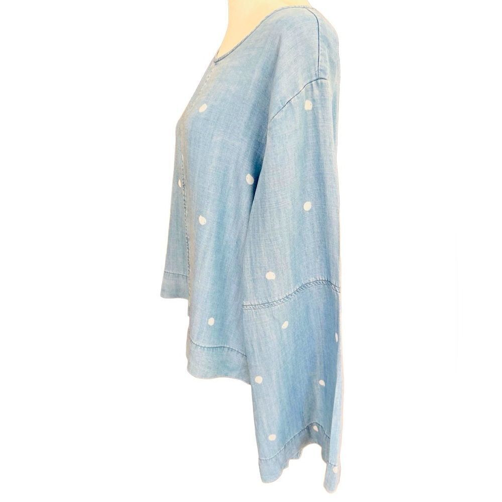 Anthropologie Cloth & Stone polka dot chambray top, slit bell sleeves tie back M - Picture 5 of 8
